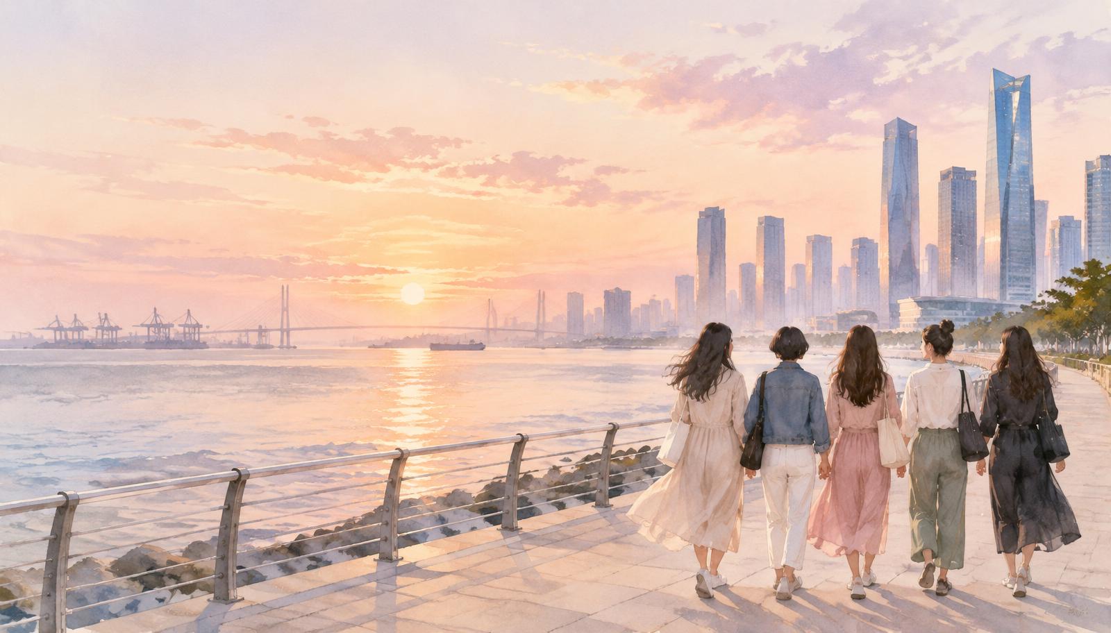 인천 바닷가를 함께 걷는 여성들